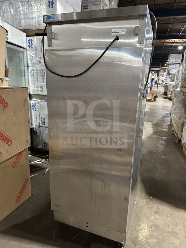 Winston Industries Cvap-4000A heated holding cabinet, stainless steel, half door, model HA4522GE, with pan racks, on casters.