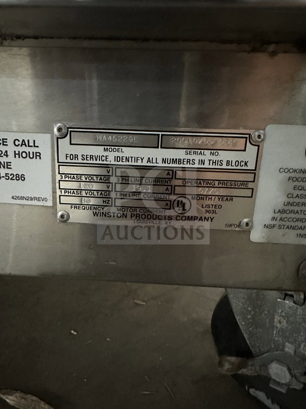 Winston Industries Cvap-4000A heated holding cabinet, model HA4522GE, stainless steel, pass-through doors, on casters.