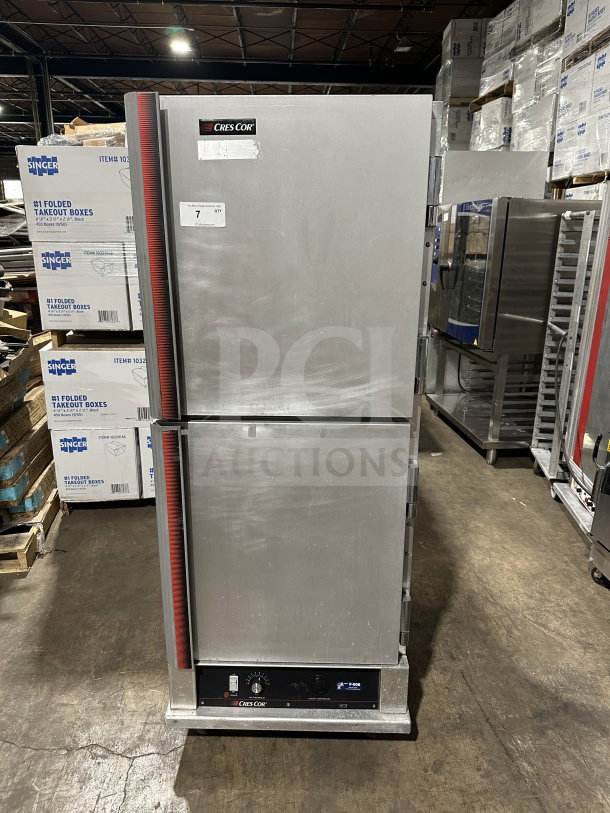 CresCor stainless steel heated cabinet, model CABJ8369B1716, on casters, insulated with rubber bumper, 120V, Dutch doors.