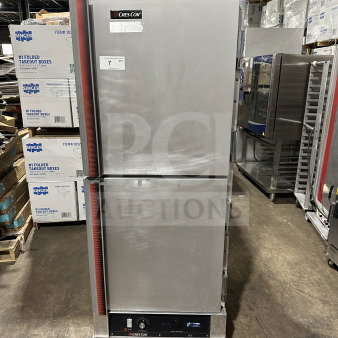 CresCor stainless steel heated cabinet, model CABJ8369B1716, on casters, insulated with rubber bumper, 120V, Dutch doors.