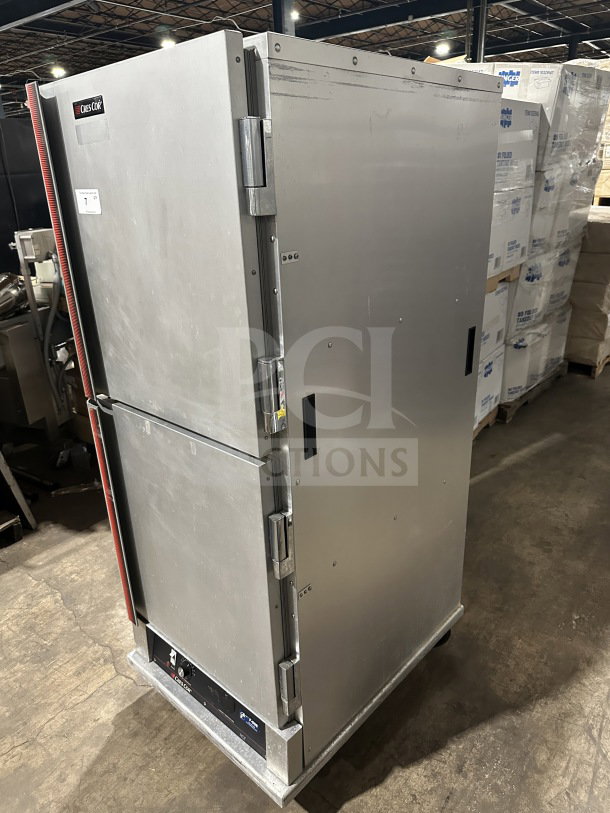 CresCor stainless steel Dutch door heated cabinet, model CABJ8369B1716, wide pan slides, rubber bumper, on casters, 120V.