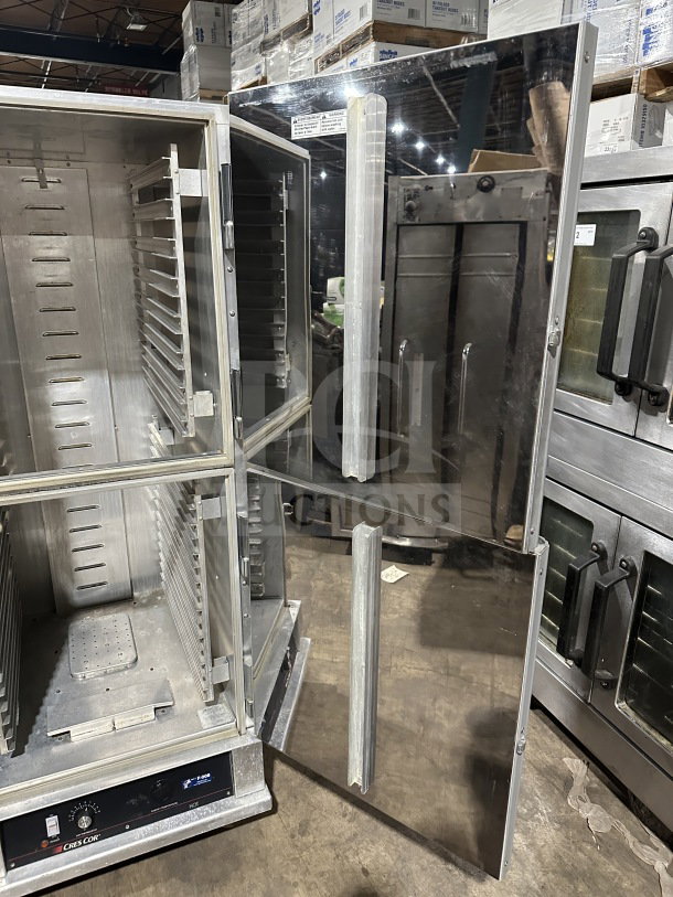 CresCor stainless steel heated holding cabinet with solid Dutch door, wide pan slides, rubber bumper, model CABJ8369B1716.
