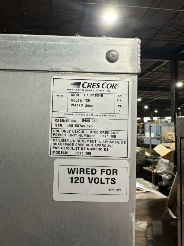 CresCor heated holding cabinet, stainless steel, Dutch door, wide pan slides, rubber bumper, 120V, on casters, SN: CAB-J8369B-1716.