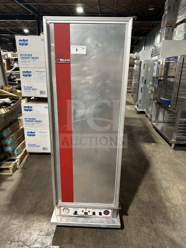 Wilder Commercial Stainless Steel Single Door Heated Food Warmer, Model 910069R. Features caster wheels and control panel.