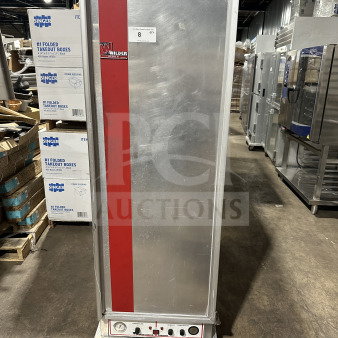 Wilder Commercial Stainless Steel Single Door Heated Food Warmer, Model 910069R. Features caster wheels and control panel.