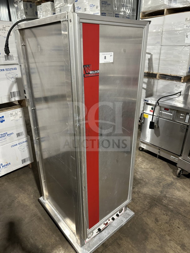 Wilder commercial stainless steel heated food warmer and proofing cabinet, model 910069R, on casters, with visible brand logo.