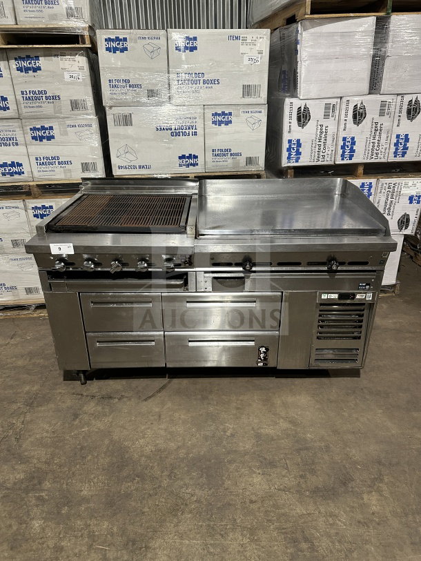 Stainless steel 4-drawer refrigerated chef base with gas radiant charbroiler and griddle on casters, good condition.
