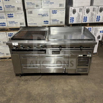 Stainless steel 4-drawer refrigerated chef base with gas radiant charbroiler and griddle on casters, good condition.