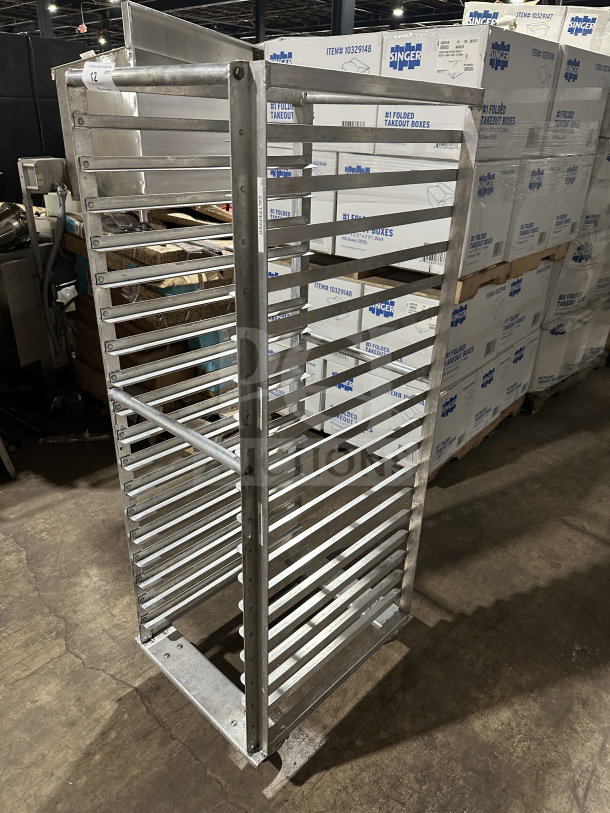 Commercial stainless steel heavy-duty welded transport pan rack on casters, excellent condition, accommodates sheet/bun pans.