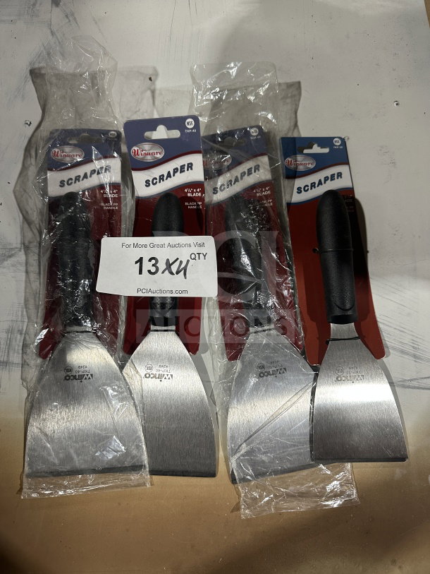 Auction image of Winco Winware Series TKP-40 scrapers, stainless steel blades, black slip-resistant handles, brand new condition.