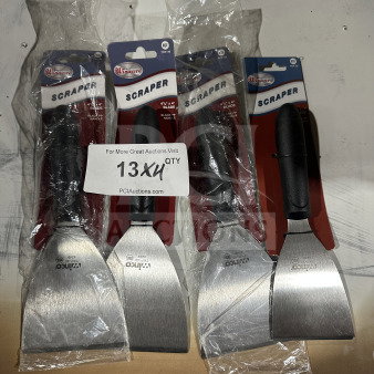 Auction image of Winco Winware Series TKP-40 scrapers, stainless steel blades, black slip-resistant handles, brand new condition.