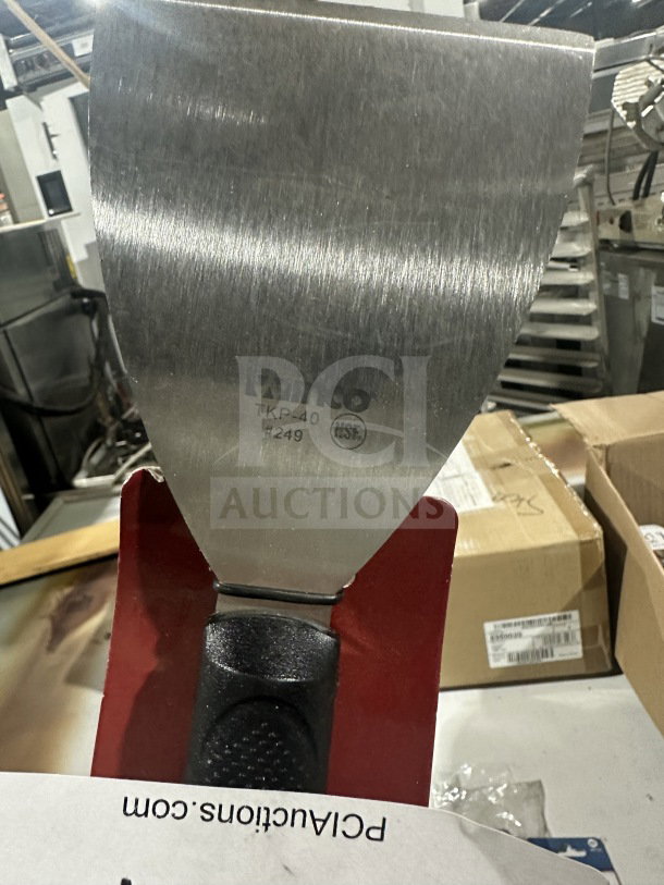 Winco Winware TKP-40 stainless steel scraper, brand new, black polypropylene grip, NSF certified, model #249 visible.