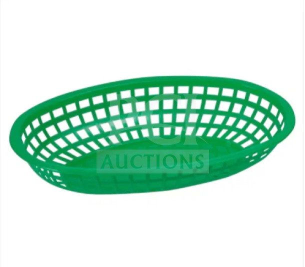 Brand new Winco Winware green oval fast food serving basket. Commercial grade, durable plastic. One dozen per case.