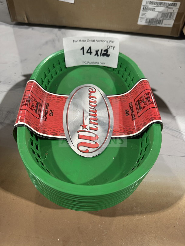 Brand new Winco Winware Series green oval fast food serving basket, 1 dozen per case, dishwasher safe, commercial use.