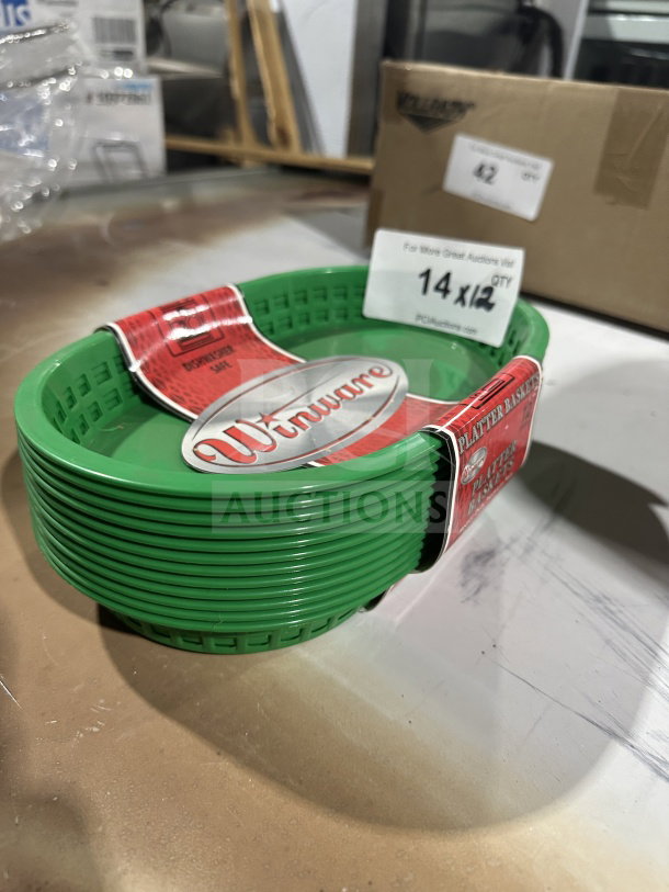 Brand new Winco Winware Series green oval fast food serving baskets, 1 dozen per case, wrapped with branded label.