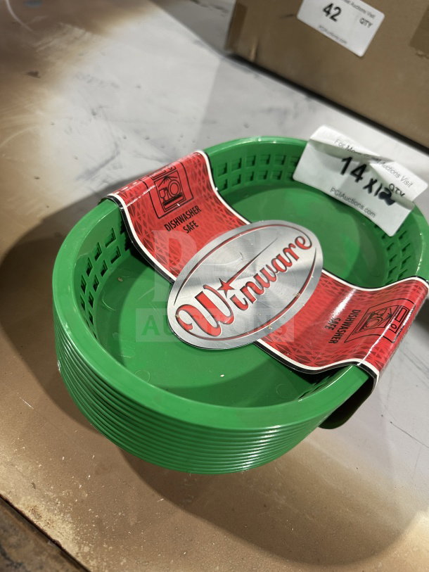 BRAND NEW Winco Winware Series green oval fast food serving basket, dishwasher safe, labeled packaging, 1 dozen per case.