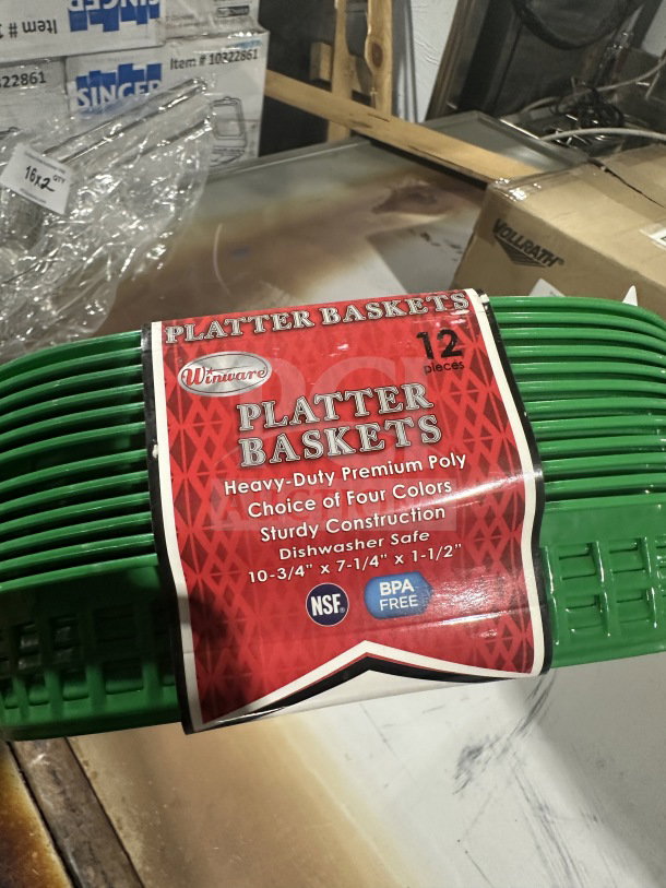 Brand new Winco Winware Series green oval fast food serving basket set, 12 pieces per case, heavy-duty poly, BPA free.