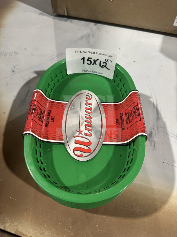 Brand new Winco Winware Series green oval fast food serving basket. 1 dozen per case. Dishwasher safe label visible.