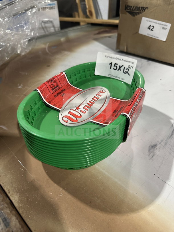 "Brand new Winco Winware Series green oval fast food serving basket set, dozen per case, dishwasher safe."