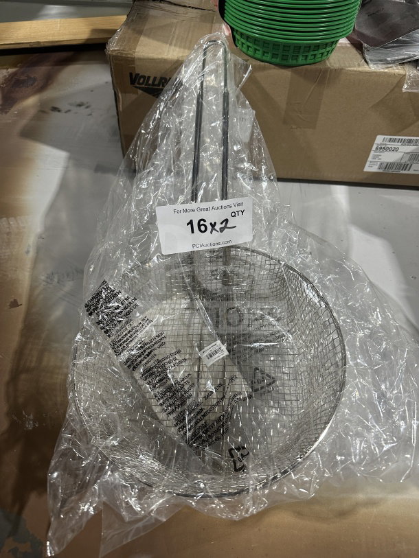 Brand new Winco 10'' heavy-duty medium-mesh round fry basket, model FB10-M, in plastic packaging with auction label.