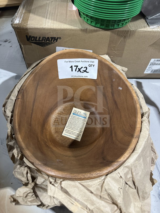 Pacific Merchants Acaciaware deep salad bowl, model K39103, brand new. Wooden finish, includes product label.