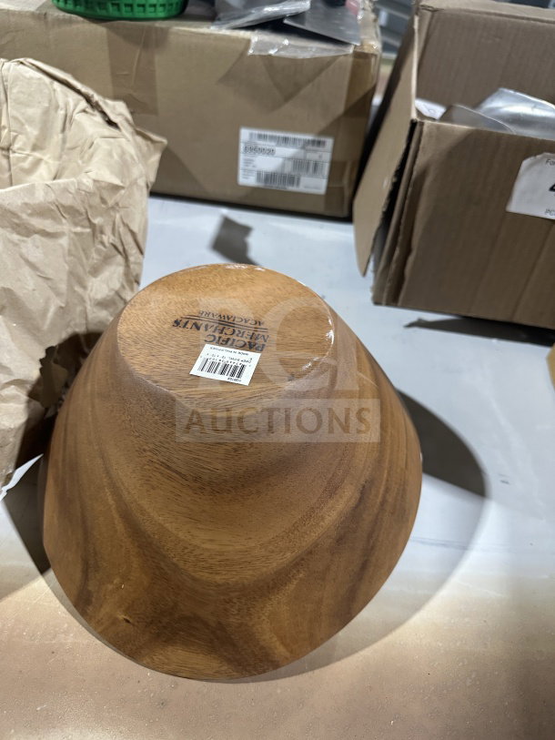 Brand new Pacific Merchants Acaciaware deep salad bowl, model K39103. Commercial wood, smooth finish, barcode visible.