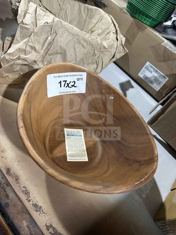 Brand new Pacific Merchants Acaciaware deep salad bowl, model K39103. Commercial-grade wood, serial number 747448391030.