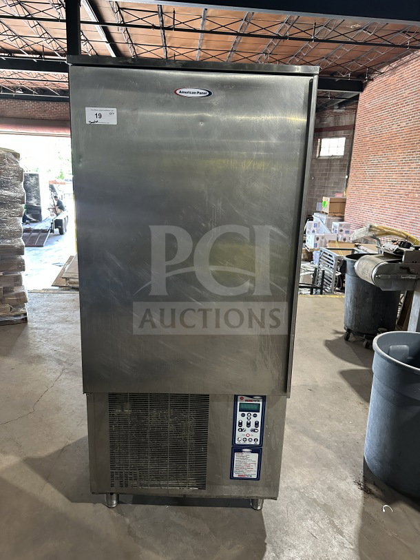American Panel AP12BCF1103 Blast Chiller & Freezer, stainless steel, single door, 208V, 3-phase, on legs, tag visible.