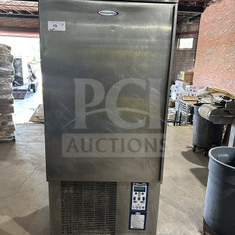 American Panel AP12BCF1103 Blast Chiller & Freezer, stainless steel, single door, 208V, 3-phase, on legs, tag visible.