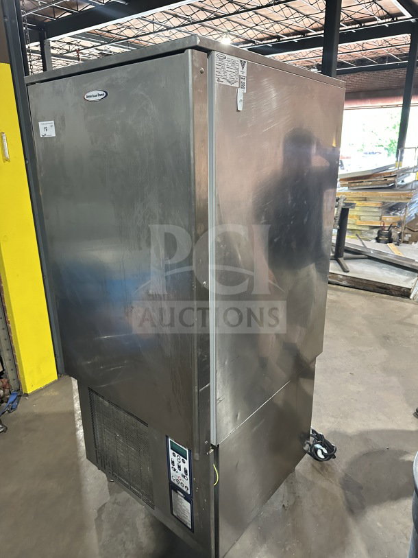 Amercian Panel Hurri Blast Series stainless steel single door blast chiller, Model AP12BCF1103, on legs. 208V, 3 Phases.