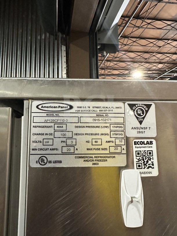 American Panel Hurri Blast AP12BCF1103 stainless steel blast chiller. Serial 0515102171, 208V, 3-phase, on legs, label shown.