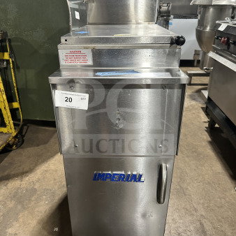 Imperial commercial stainless steel natural gas deep fat fryer with back splash, on casters. Brand logo and caution sticker visible.