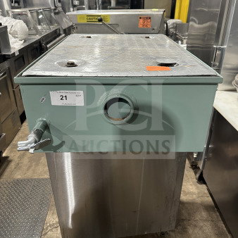 Rare Mifab MIGL20 grease interceptor on a custom mobile stainless steel cart with casters. Mint condition, auction item tag visible.