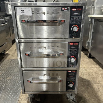 Hatco HDW3N stainless steel 3-drawer warmer, electric, freestanding, on casters, SN: 8736212133, 120V, used.
