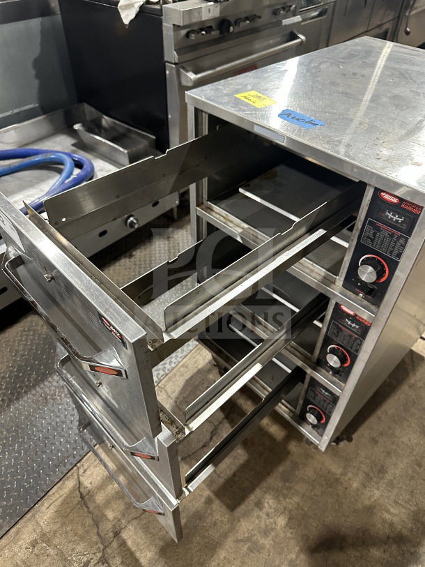 Hatco HDW3N stainless steel 3-drawer warmer on casters, 120V, commercial grade, serial 8736212133, good condition.
