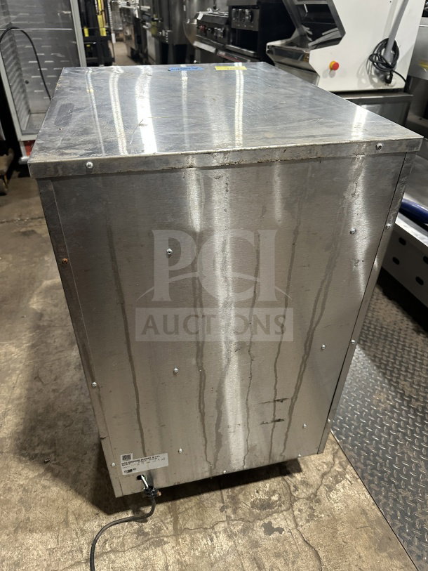 Hatco HDW3N stainless steel 3-drawer warmer on casters, electric-powered, 120V, serial number 8736212133, good condition.