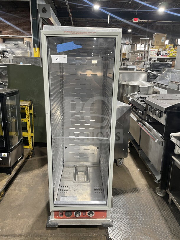Avantco stainless steel heated holding/proofing cabinet, Model 177HPU1836, single glass door, built-in pan slides, on casters.