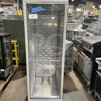 Avantco stainless steel heated holding/proofing cabinet, Model 177HPU1836, single glass door, built-in pan slides, on casters.