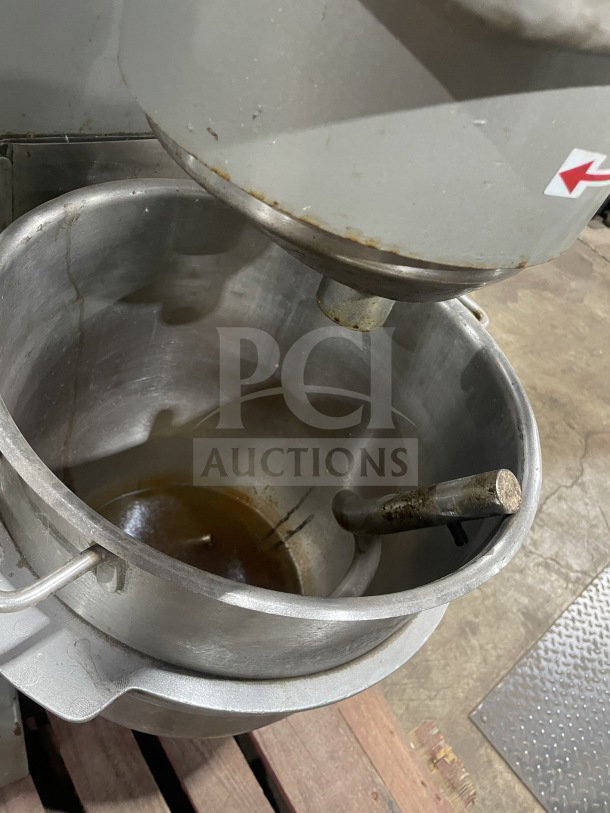 Welbilt Varimixer, floor style planetary mixer with dough hook, features stainless steel mixing bowl, appears used.