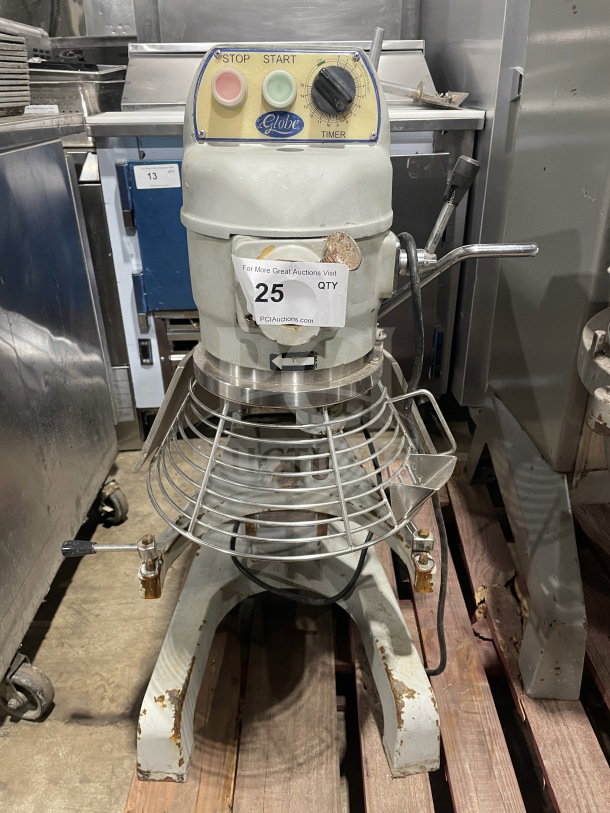 Globe SP20 20Qt mixer with paddle attachment, bowl, and guard. 110V, 1 Phase, commercial use. Heavy-duty, fair condition.