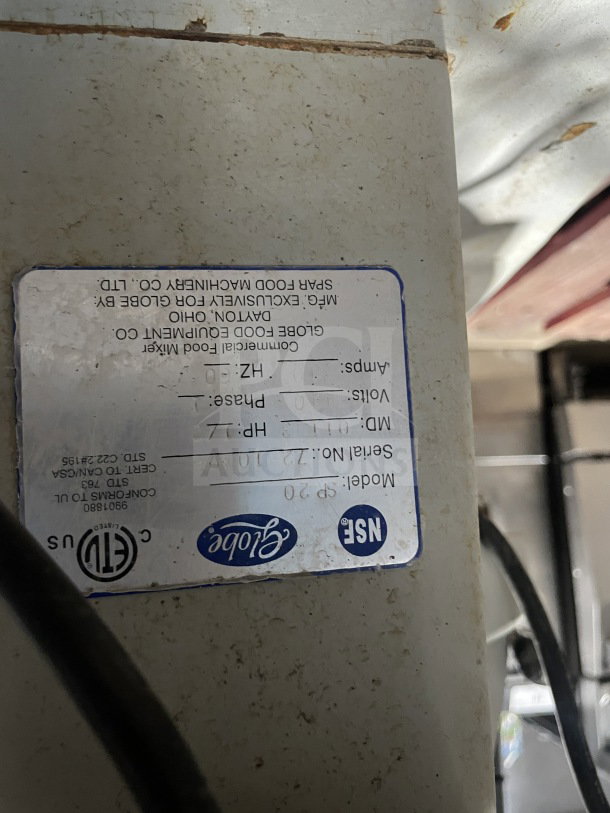 Globe SP20 mixer label showing model, serial number, voltage, and certification markings. Heavy-duty 20Qt.