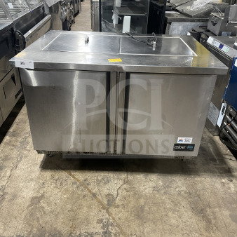 Asber 48" stainless steel electric 2-door prep table, model APTM4818, 115V, 1 phase, on casters, good condition.