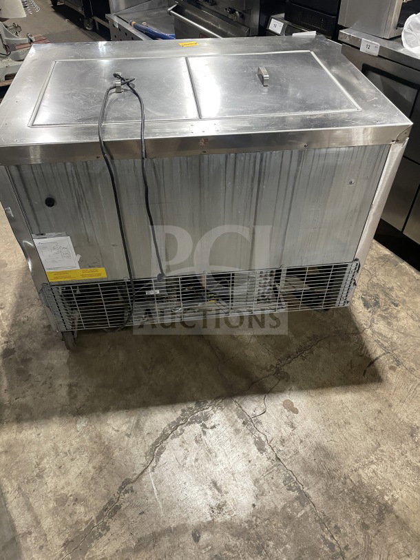 Asber APTM4818 48" stainless steel prep table, electric, 2 solid doors, casters, SN: 8102087776, 115V, 1 phase.