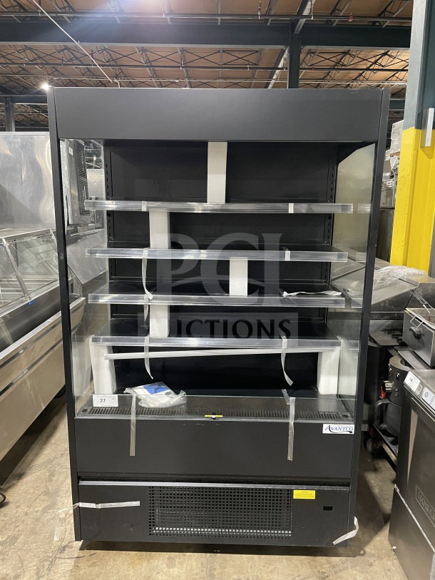 Brand new Avantco 193VOA48B black vertical open air merchandiser, extra deep, 115V, 1 Phase, on casters.