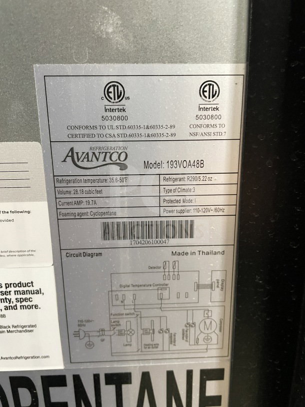 Brand new Avantco 193VOA48B extra deep vertical open air merchandiser, black, Model: 193VOA48B, SN: 1704206100047, on casters.