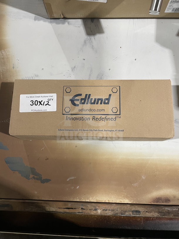Box of 12 Edlund 16" stainless steel utility tongs, model 34510, brand new in packaging.