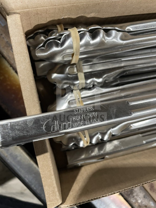 Edlund 16" stainless steel scalloped utility tongs, model 34510, in original box, 1 dozen, brand new, heavy duty, USA-made.