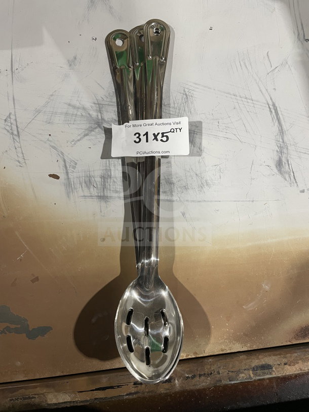 Brand new Winco stainless steel slotted basting spoon, model BSSN, commercial quality, shiny finish, set of three.