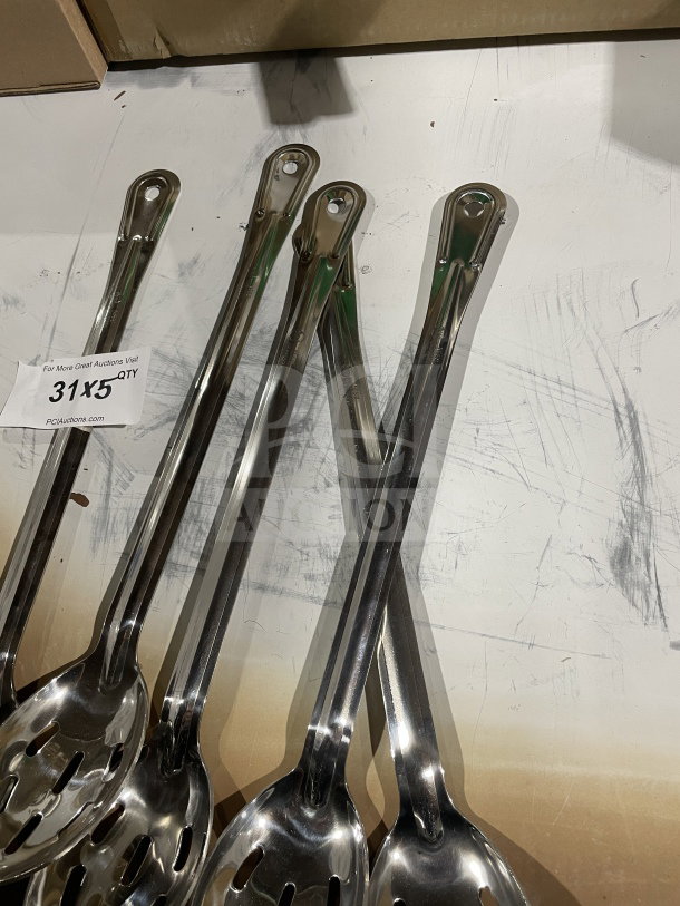 BRAND NEW! Winco BSSN stainless steel slotted basting spoons, commercial quality, shiny finish, set of five.