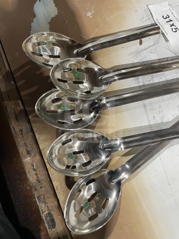 Brand new Winco Commercial Stainless Steel Slotted Basting Spoon, Model BSSN, in pristine condition, set of five.